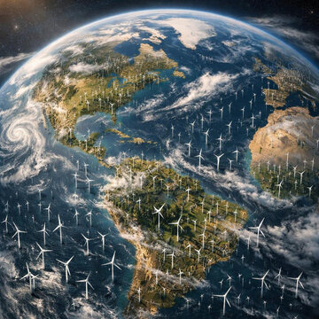Planet covered by wind turbine infrastructure as global energy shift showing turbines across continents and ocean inspiring sustainable transformation and hopeful atmosphere