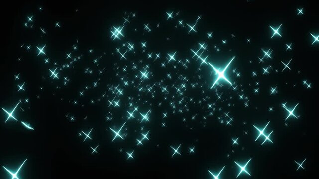 A beautiful abstract motion background featuring a swarm of glowing cyan four-pointed star particles drifting and expanding through a dark space