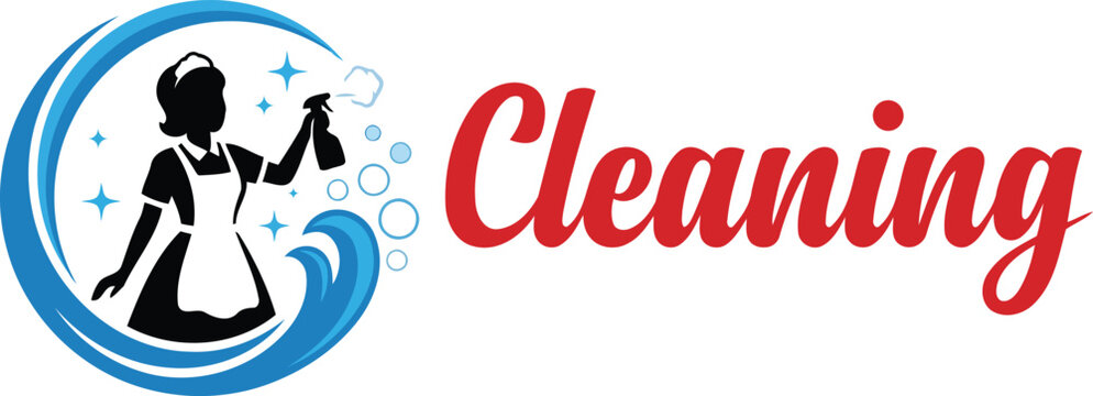 Cleaning service logo featuring a maid with cleaning supplies on transparent background
