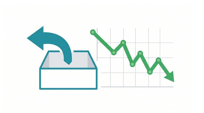 E-commerce return reduction analysis concept with a return arrow and declining graph line flat vector on a white background