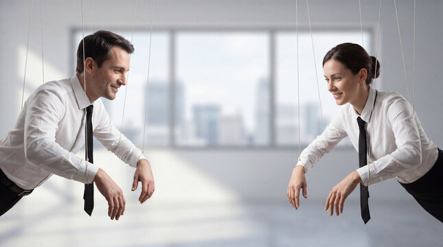 A businessman and businesswoman hanging like helpless marionettes from puppet strings in a bright office environment