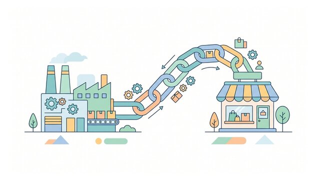 2B supply chain concept showing a direct link between a production factory and a retail storefront flat vector illustration
