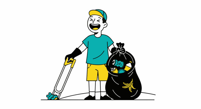 Cheerful cartoon character collecting trash outdoors with tools.