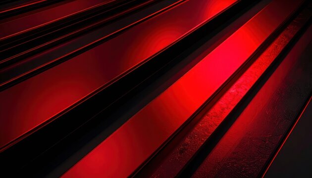 Abstract composition of parallel red and black metallic stripes with reflections.