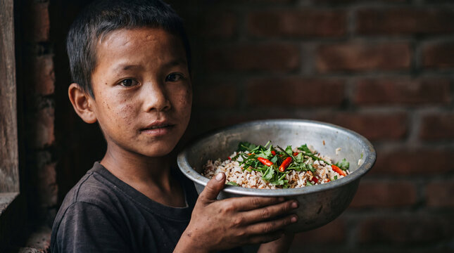 A young underprivileged boy with a sad expression holding a metal bowl of rice and vegetables next to a rustic window