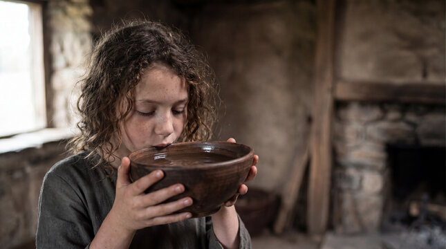 A young girl with curly hair holding and drinking from a rustic clay bowl inside a dim historic stone room at daytime