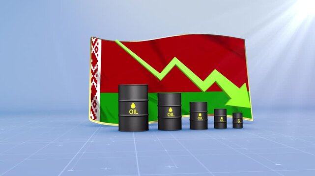 Belarus Crude Oil Price Drop with Oil Barrels Downward Green Arrow and 3D Financial Data Visualization Graphs for Economy and Business Concept
