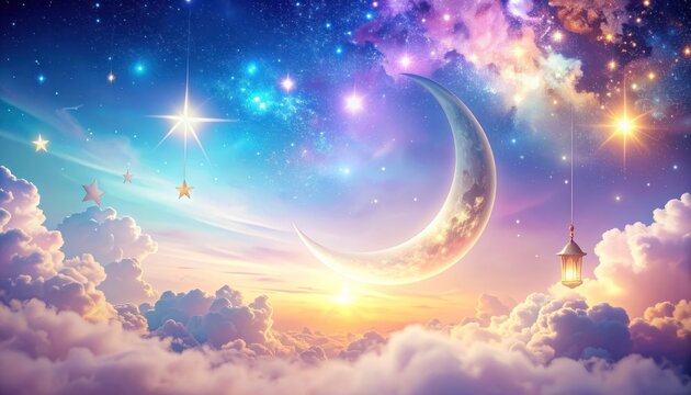 A celestial dreamscape unfolds with a crescent moon, stars, and clouds bathed in soft, ethereal light.