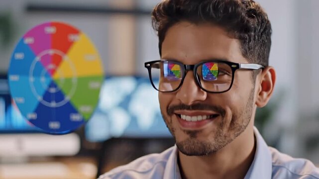 Business analyst presenting front view with data chart behind him in office, capturing market reporting, financial planning, performance review, corporate strategy, professional analytics footage use