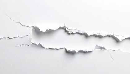 Naklejka premium A close-up, abstract shot reveals a horizontal tear in a plain white surface, highlighting its textured edges and the white void within.