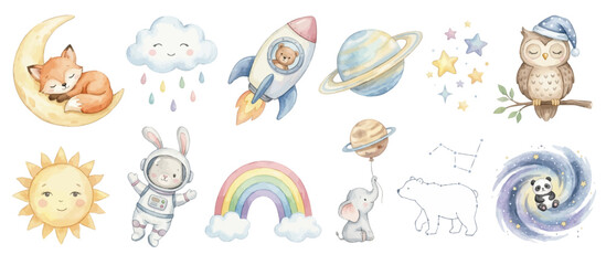Fototapeta premium Cute bedtime clipart set featuring whimsical cosmic theme and soft nursery design accents. Collection of Vector illustrations for invitation, card, poster, banner, decoration 