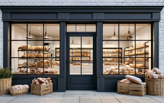Elegant Bakery Storefront Showcasing Gourmet Breads and Pastries in a Charming Urban Setting