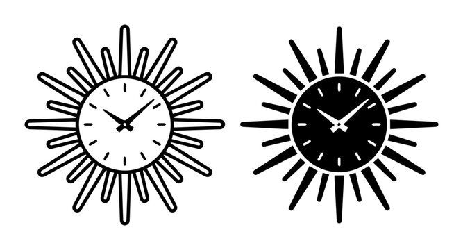 Sunburst Clock Icons, Retro Starburst Timepiece Graphics, Mid-Century Modern Wall Clock Vector Art