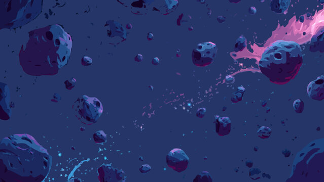 Digital illustration of a dense asteroid field floating in a dark purple and blue deep space environment with a glowing pink nebula trail in the background.