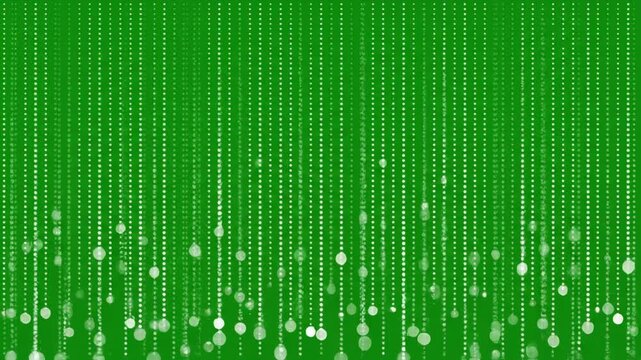 Green digital particles falling with subtle light flares during a smooth camera zoom out