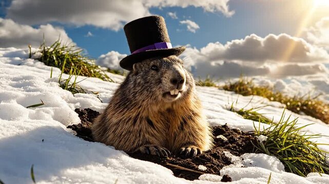 Groundhog in top hat emerging from snowy hole.