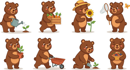 Fototapeta premium Cute cartoon bear character set gardening planting crops and harvesting isolated on white background