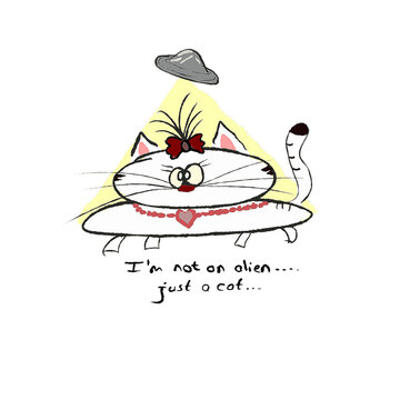 Funny alien cat cartoon vector illustration with a spaceship beam.