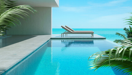 Fototapeta premium Modern luxury villa with infinity pool and panoramic ocean view illustration
