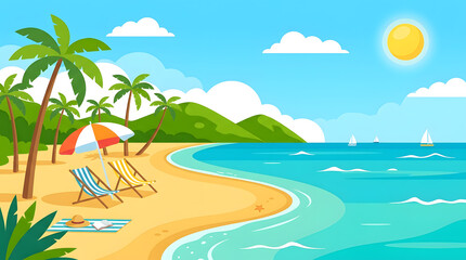 Obraz premium Tropical Beach Paradise with Palm Trees, Lounge Chairs and Turquoise Ocean – Summer Vacation Vector Landscape