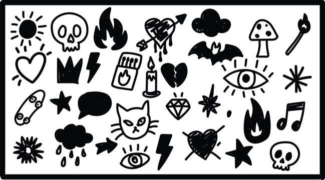 Solid black alternative pop art doodles matrix isolated on white background, minimal monochrome spooky gothic icon stamps bundle, universal clean print stencils chart