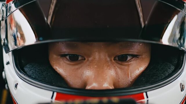 Asian race driver focusing close-up through helmet visor before competition, capturing concentration, motorsport readiness, safety gear, and professional racing performance in pit preparation.