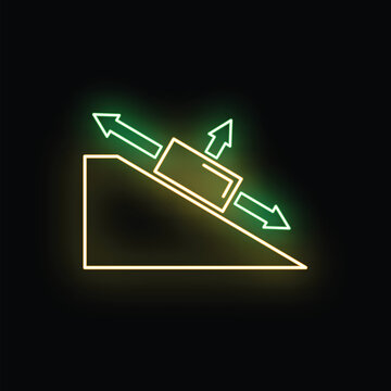 Block on an inclined plane showing gravitational and frictional forces with neon effect