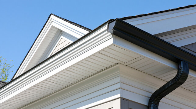 soffit. Clean white soffit board under eaves contrasting with dark rain gutter. real-estate listings, architecture portfolios, designed for real-estate listing and luxury residence showcases.