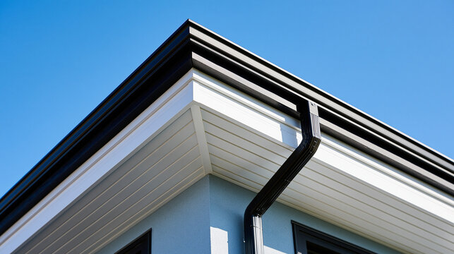 soffit. Clean white soffit board under eaves contrasting with dark rain gutter. real-estate listings, architecture portfolios, designed for real-estate listing and luxury residence showcases.