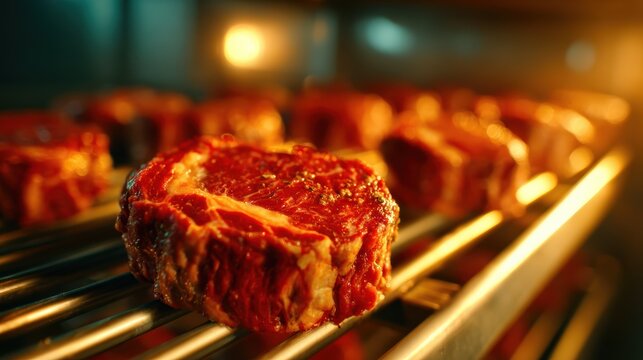 Juicy red meat steaks are arranged neatly on a grill, showcasing the quality and texture, perfect for grilling enthusiasts and culinary artistry.