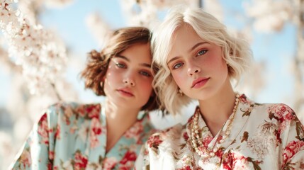 Fototapeta premium Two young women with floral kimonos pose under cherry blossoms, capturing a serene spring moment filled with beautiful colors and friendship, evoking joy and tranquility.