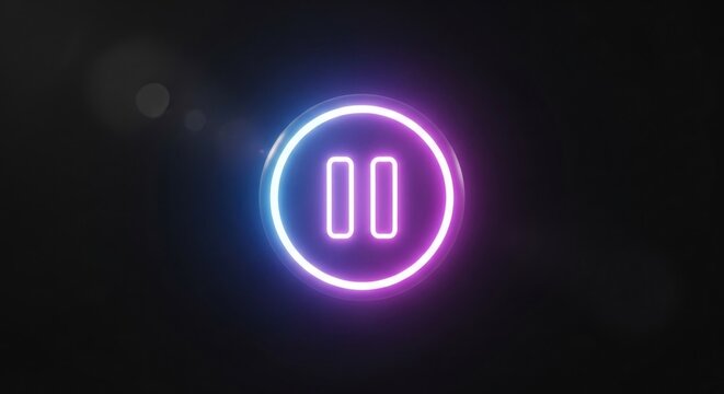 Glowing Neon Pause Button Icon on Dark Background.