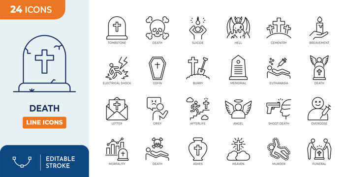 Death line editable icon set. Contain icons related to death, funeral, tombstone, cemetery, hell, pass away, murder, angel, coffin, ashes, and more. editable stroke. Vector illustration