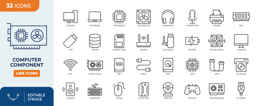 Computer component line editable icon set. Contain icons related to part of computer, monitor, server, cpu, hard drive, RAM, webcam, and more. Editable stroke. Vector illustration