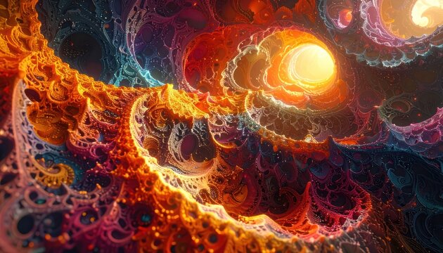A vibrant and intricate fractal landscape glows with warm oranges, yellows, and cool blues, creating a sense of otherworldly depth and complexity.