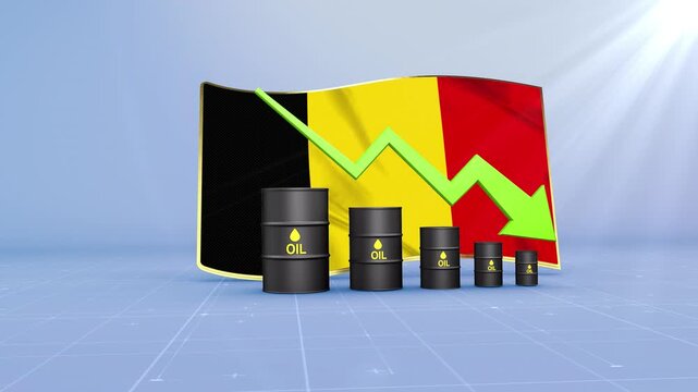 Belgium Crude Oil Price Drop with Oil Barrels Downward Green Arrow and 3D Financial Data Visualization Graphs for Economy and Business Concept