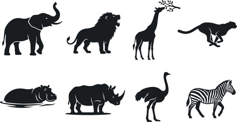 African safari wild animals black silhouette vector icons set featuring elephant lion giraffe cheetah hippo rhinoceros ostrich and zebra © Anamul Arafat