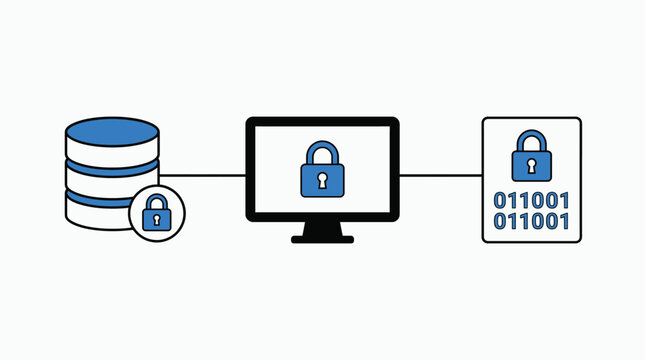 Padlock icons on computer screen connected to database and smart card with binary code Vector