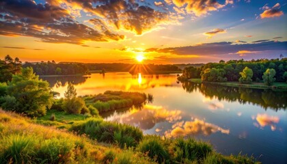 Naklejka premium A vibrant sunset casts golden light across a serene lake, illuminating the sky with fiery clouds and reflecting on the calm water surrounded by lush greenery and trees.