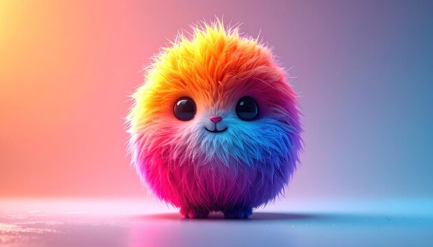A fluffy, rainbow-colored creature with large, dark eyes and a small smile, set against a gradient background.