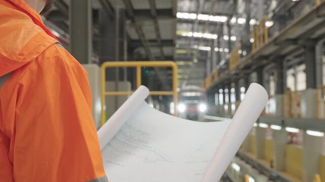 Focused worker meticulously reviews blueprint near Train Depot within dark industrial warehouse environment, wearing an orange safety vest and helmet for detailed maintenance operations utilizing mach