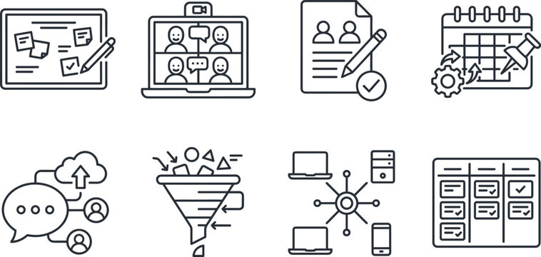 Business workflow and project management line icons set featuring video conference funnel calendar and scrum board