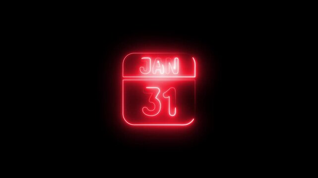 Neon red January 31 calendar date sign glowing 4k animation video on black background