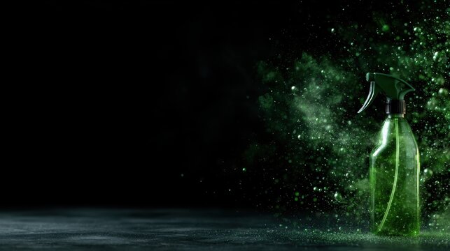 An artistic representation of a vibrant green spray bottle surrounded by a cloud of green mist, conveying concepts of freshness and nature&rsquo;s rejuvenating properties in a dramatic setting.