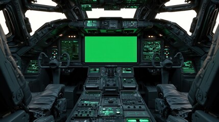 Fototapeta premium Futuristic spaceship cockpit with green screen monitor