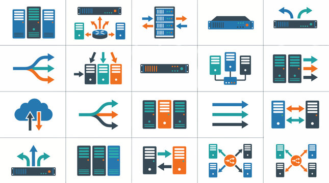 Detailed flat icons for server hardware networking and cloud computing infrastructure.