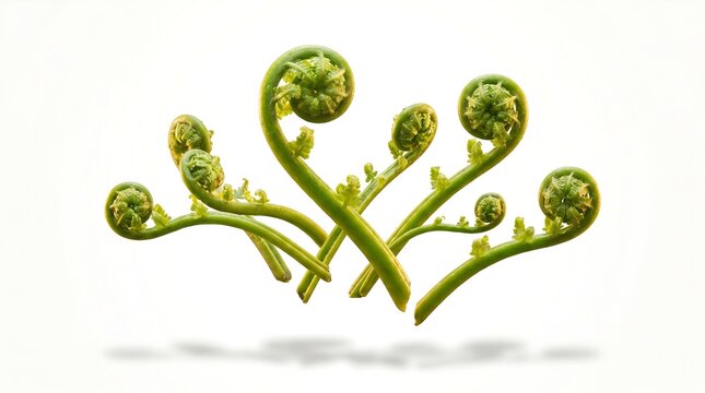 Fresh green fiddlehead ferns isolated on a white background.