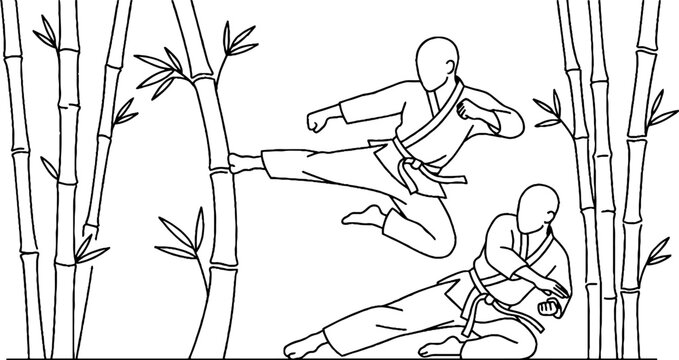 Martial arts fighters in bamboo forest illustration.
