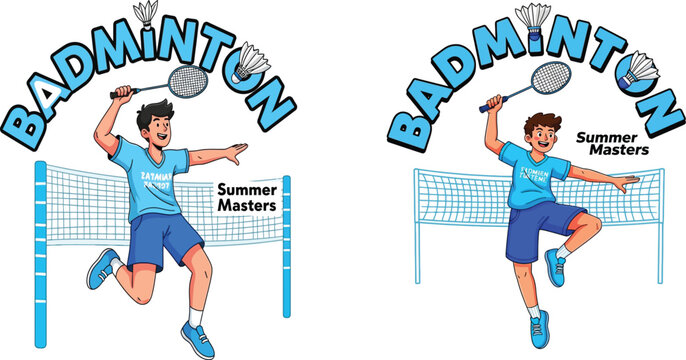 Badminton summer masters competition graphic with player and shuttlecock badminton shuttlecock competition tournament illustration exercise training recreation activity wellness sportsman