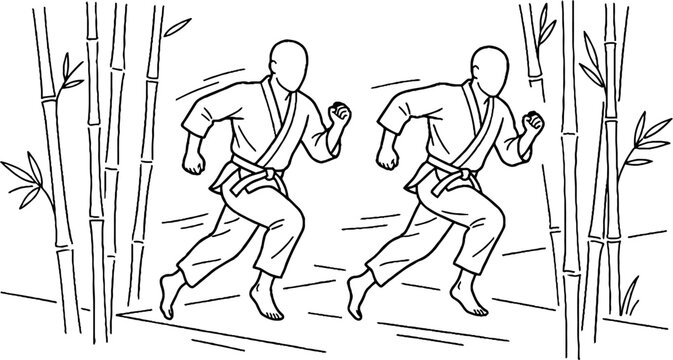Two martial artists in action pose illustration.